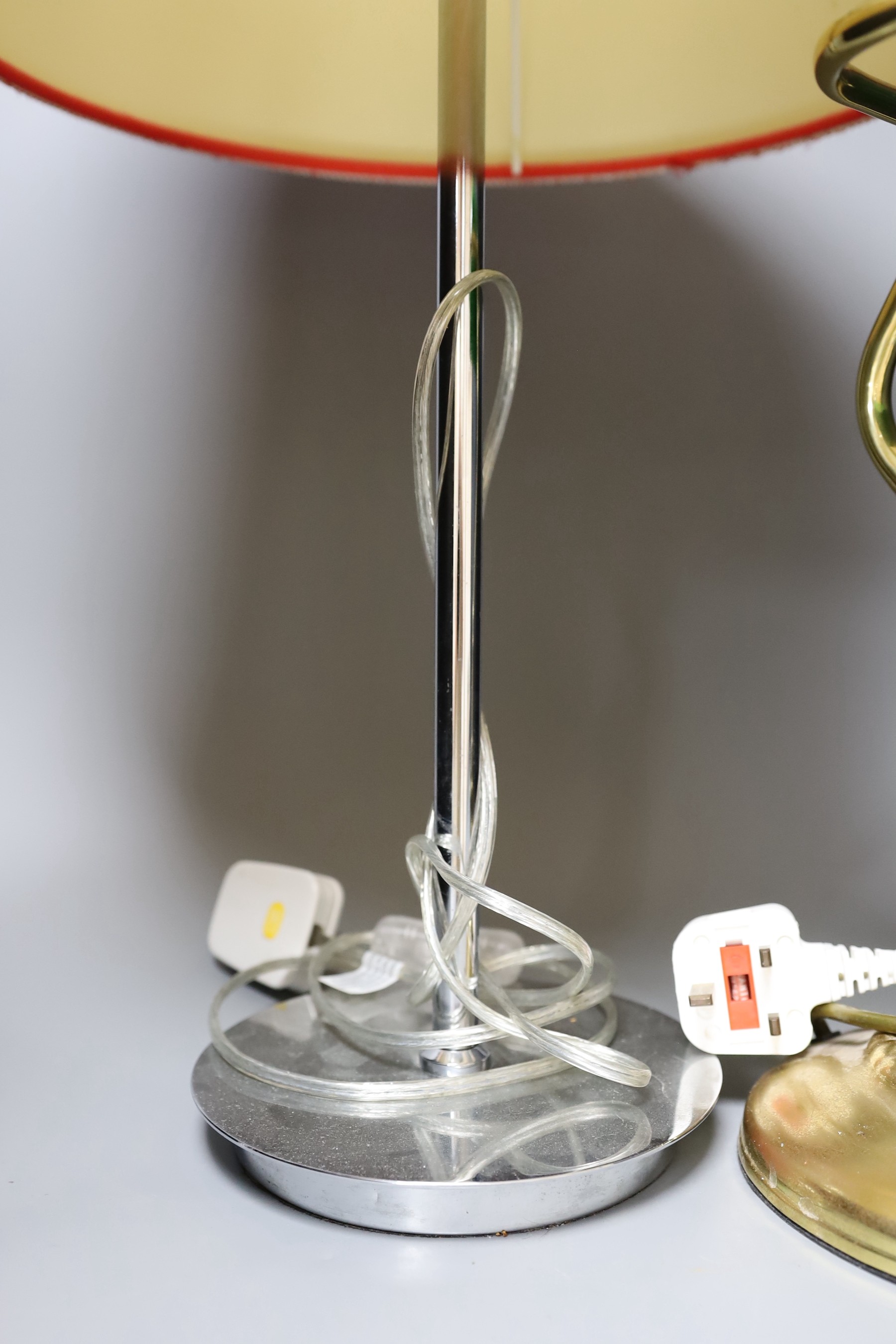 A 1960's chromium lamp, 57cm tall, and brass bankers lamp